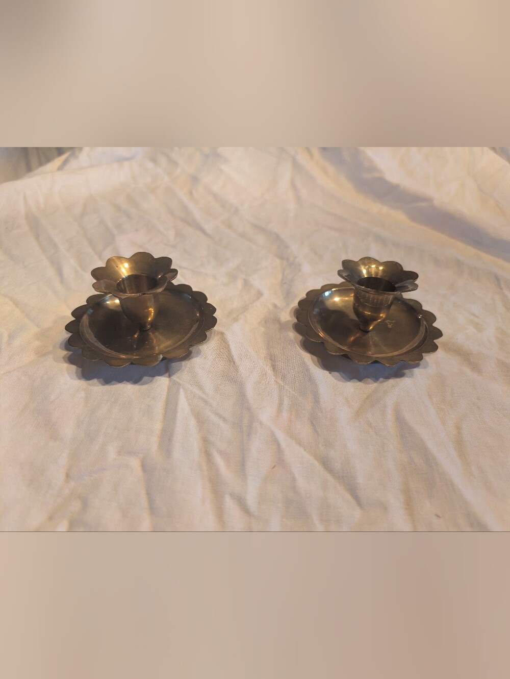 2/80$ Vintage Brass Flower-Edge Candle Holders in Warm Gold - Pair